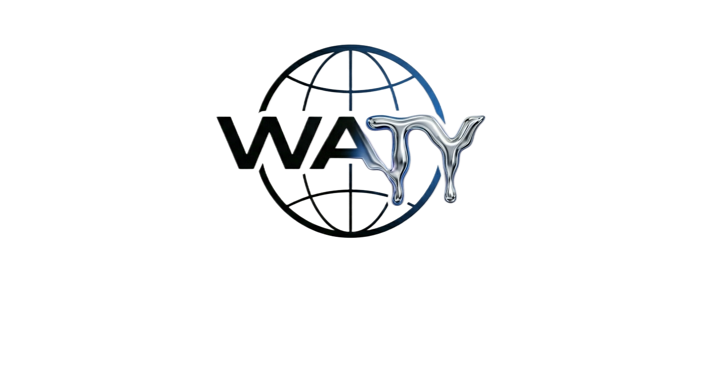 WATY globe mark in black, silver, and blue