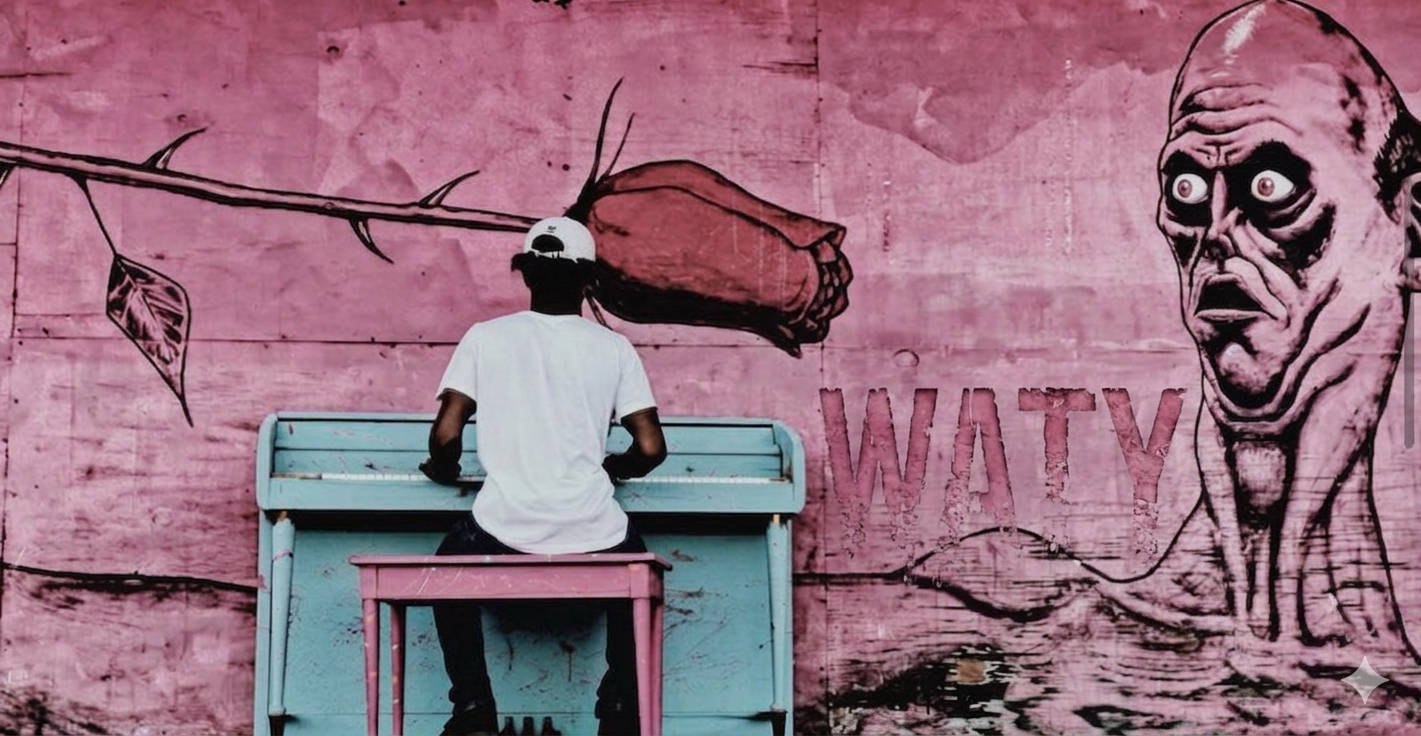 A person seated beneath a pink WATY mural