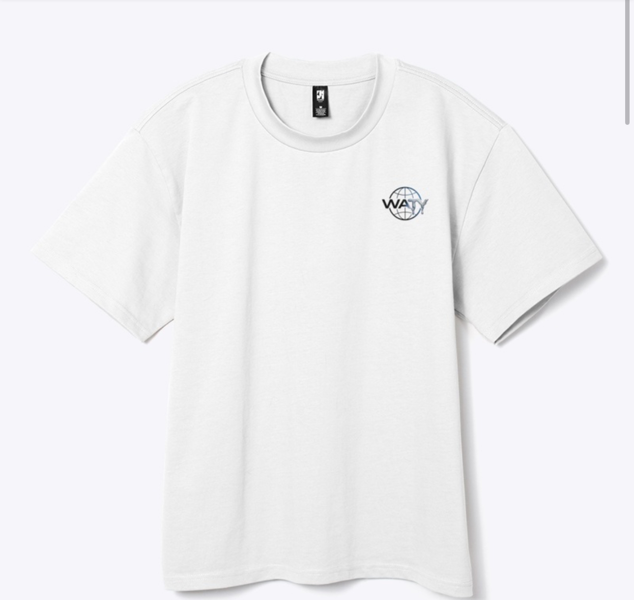 White WATY T-shirt with a small globe mark on the chest